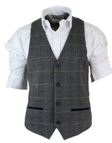 Mens Slim Fit Check Grey Tan Brown Waistcoat Smart Casual Tweed Check Navy-Grey Navy