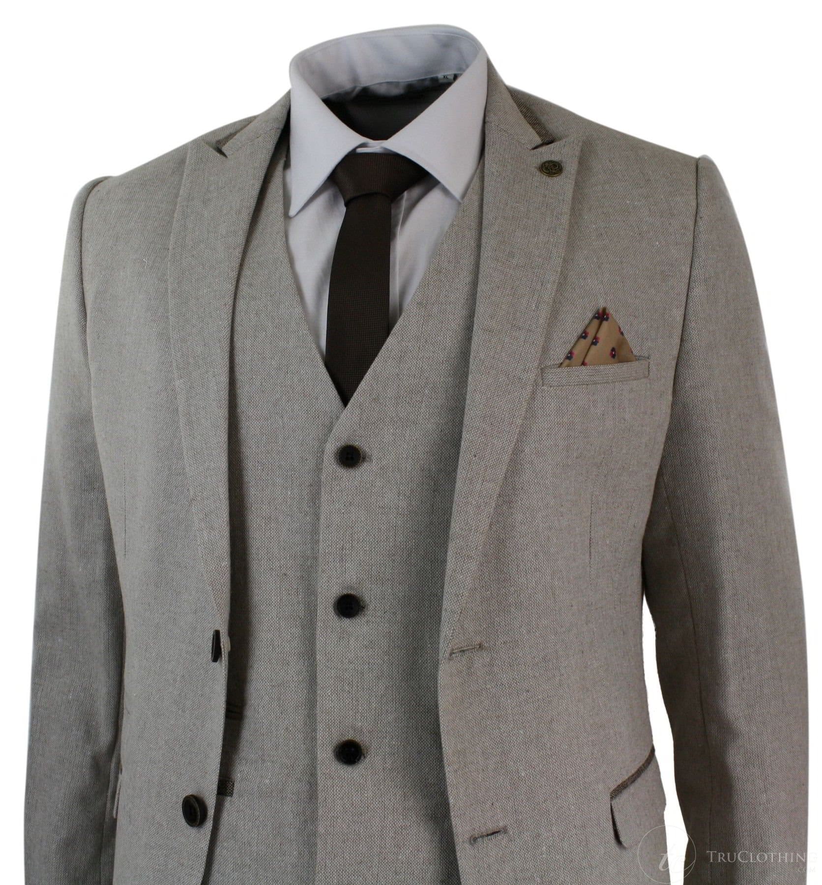 Mens Herringbone Tweed 3 Piece Suit Velvet Trim Classic Vintage Slim Fit Beige