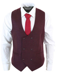 Mens Double Breasted Felt Tweed Vintage Retro Classic Waistcoat Slim Fit Herringbone-Melton DBC Wine