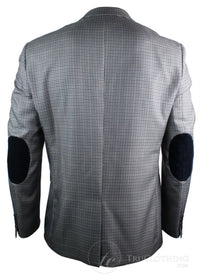 Mens Tweed Vintage Retro Grey Checked Blazer Elbow Patch Black Trim Tailored