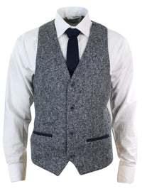 Mens Grey Blue Herringbone Tweed Slim Fit Chunky Waistcoat Blazer Smart Casual