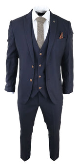 Mens 3 Piece Birdseye Navy Blue Suit Slim Fit Marc Darcy Max Classic 1920s Vintage