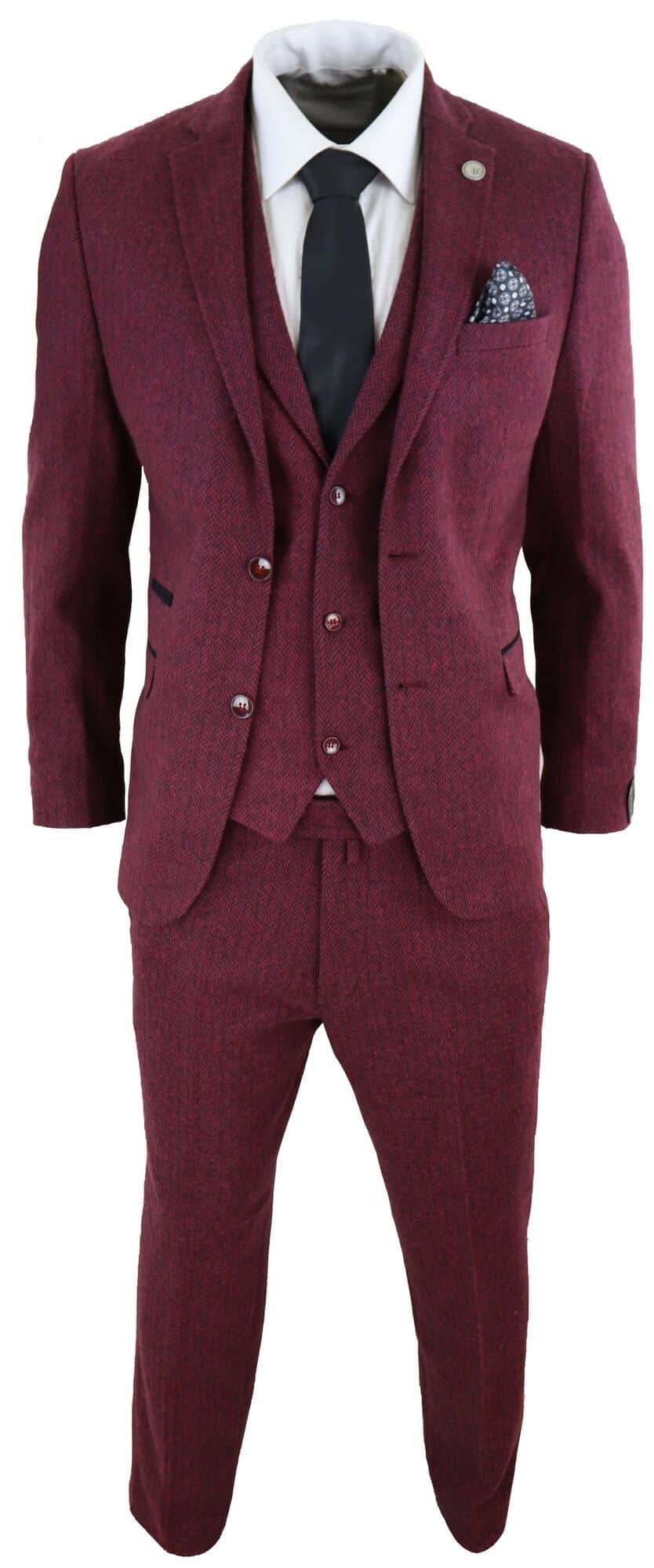 Men's Herringbone Wine Maroon 3 Piece Tweed Suit - STZ11