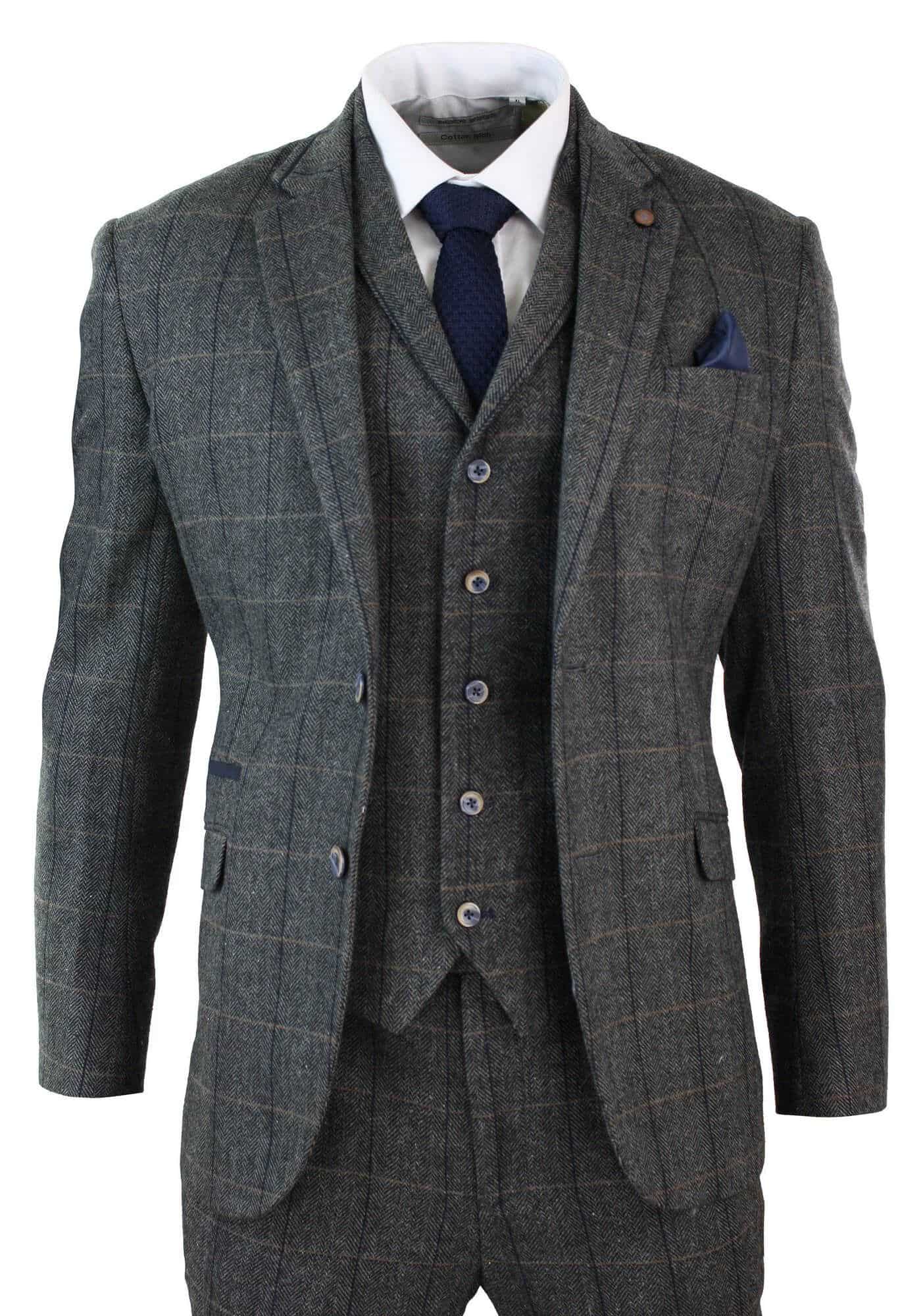 Cavani Albert - Men's Herringbone Tweed Check 3 Piece Suit - Charcoal