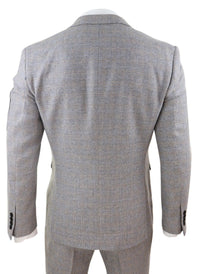 Mens 3 Piece Tweed Check Suit - Cream