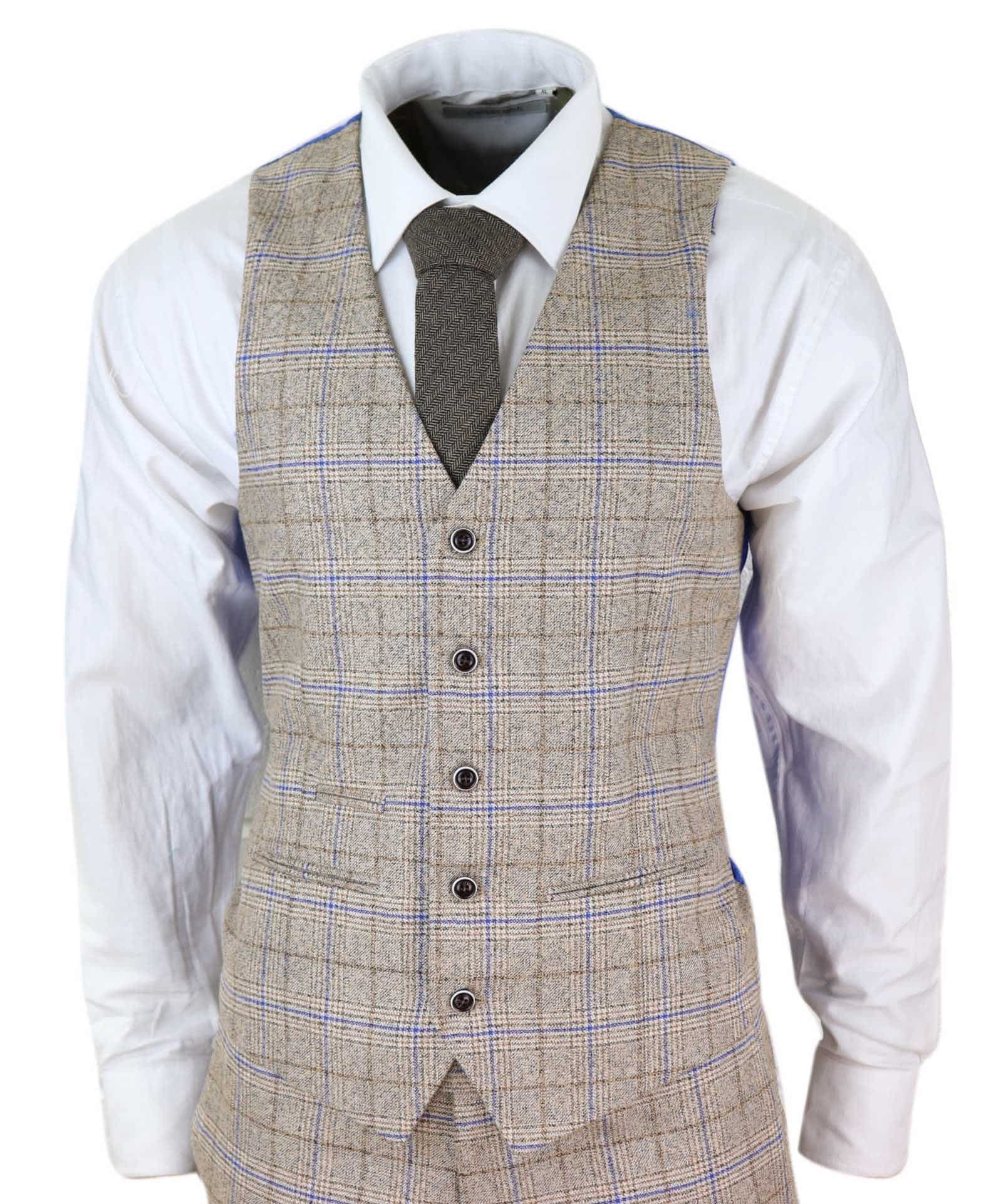 Mens Beige 3 Piece Tweed Check Suit