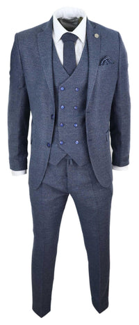 Mens Blue 3 Piece Suit with Double Breasted Waistcoat