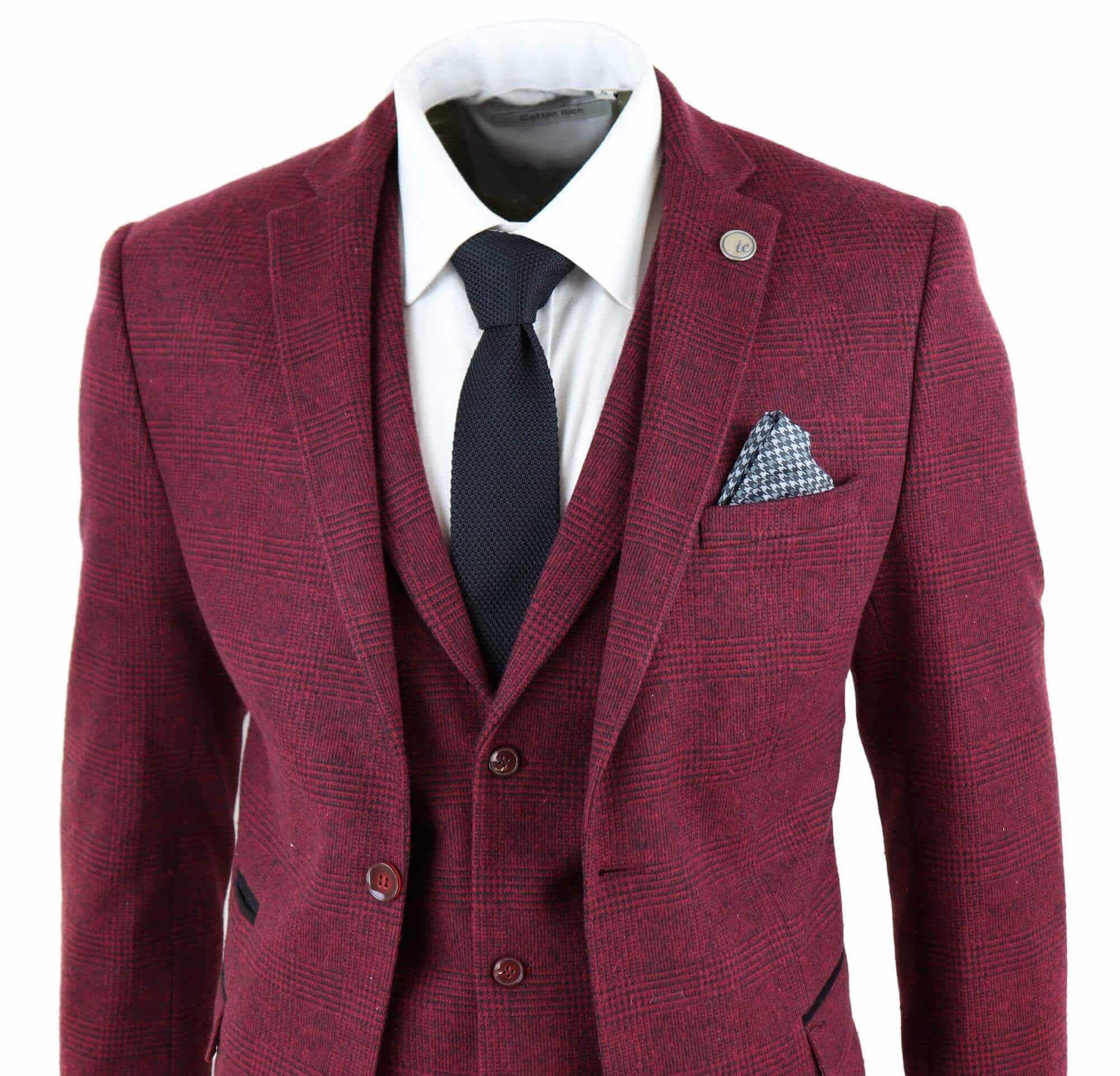 Mens Burgundy Wine Tweed 3 Piece Suit - STZ17