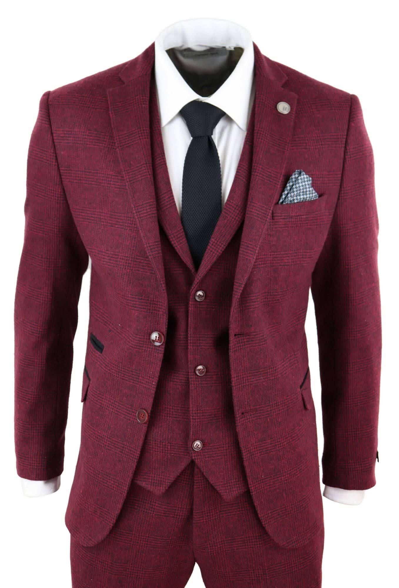 Mens Burgundy Wine Tweed 3 Piece Suit - STZ17