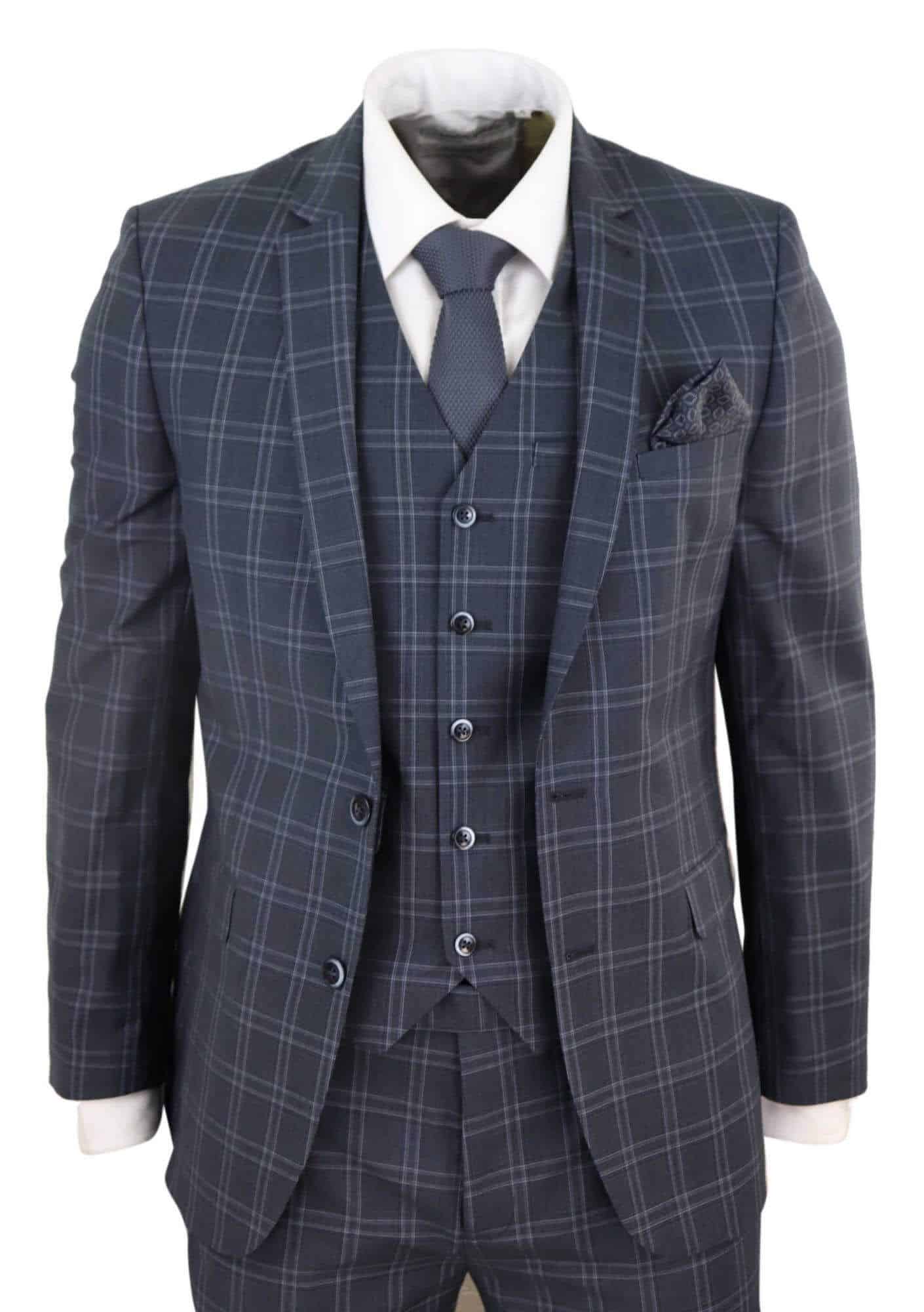 Mens Dark Grey 3 Piece Check Suit