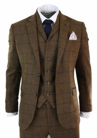 Mens Herringbone Tweed Check 3 Piece Wool Suit Peaky Blinders - Tan Brown
