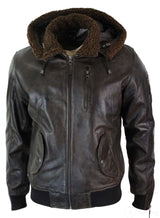 Mens Real Leather Hood Fur Jacket Bomber Aviator Vintage Brown Retro-Brown