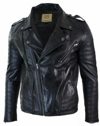 Real Leather Cross Zip Vintage Retro Mens Biker Jacket Black Urban Slim Fit-XXXL-Black