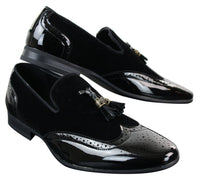 Patron 239-10 Mens Slip On Tassel Driving Shoes Shiny Black Patent Leather PU Suede Loafers