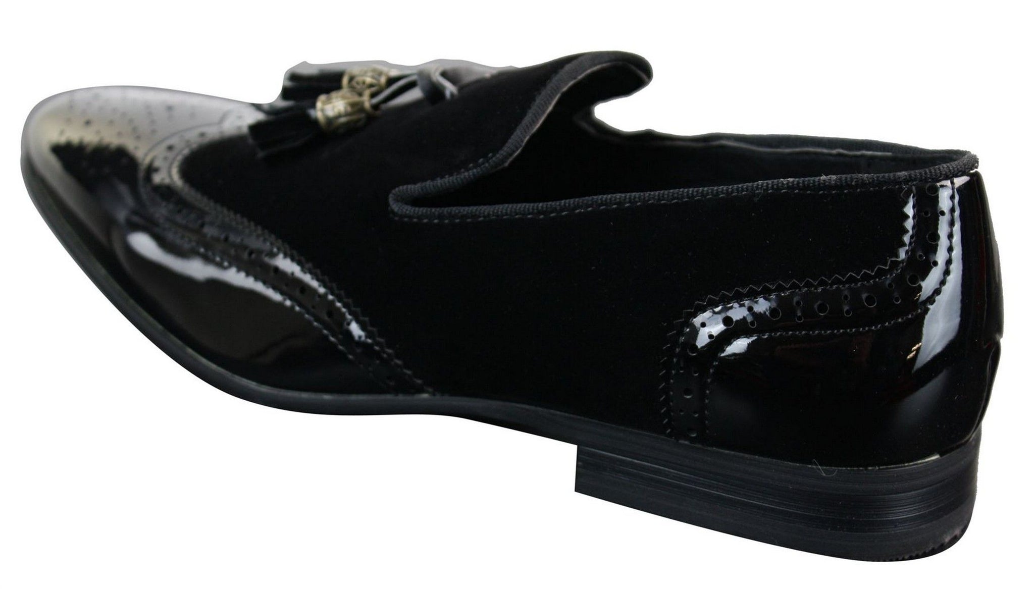 Patron 239-10 Mens Slip On Tassel Driving Shoes Shiny Black Patent Leather PU Suede Loafers
