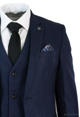 Mens Tailored Fit 3 Piece Blue Black Smart Formal Designer Suit Wedding Party