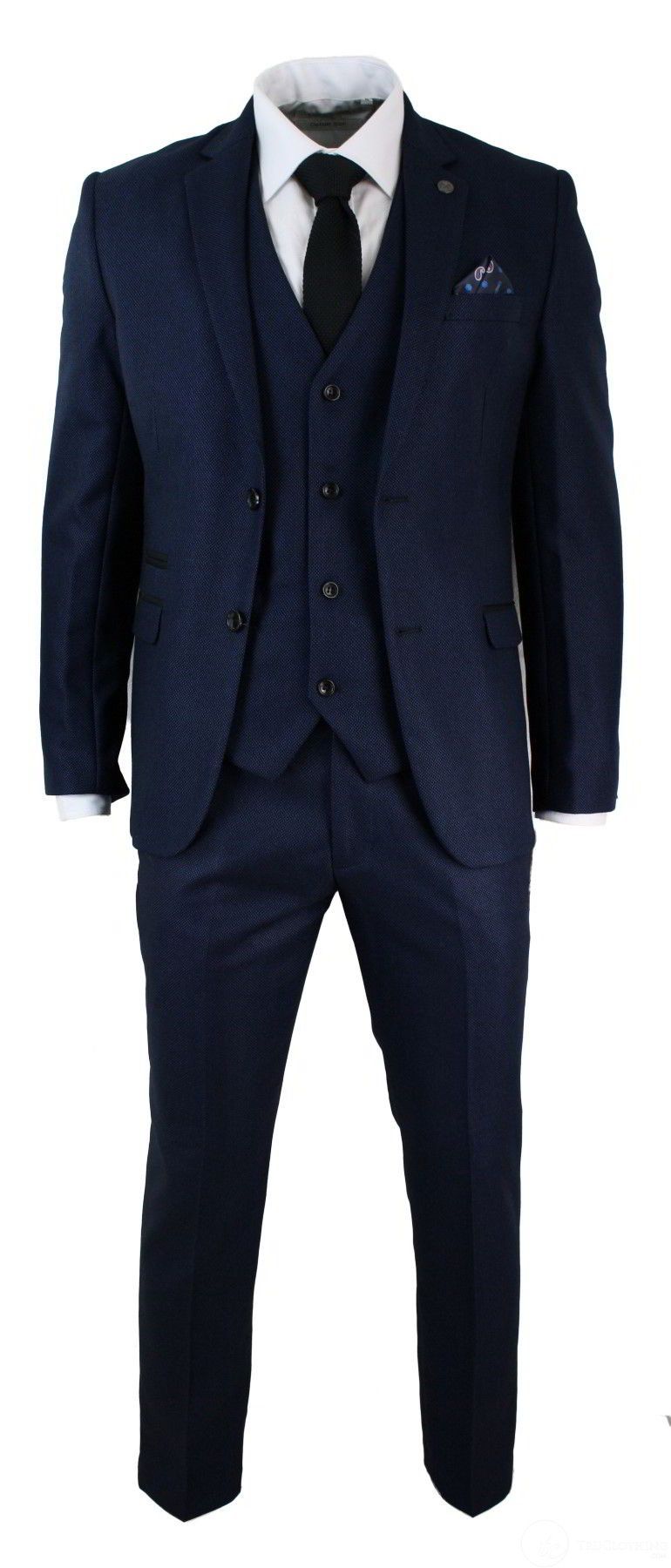 Mens Tailored Fit 3 Piece Blue Black Smart Formal Designer Suit Wedding Party
