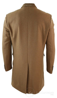 Mens Winter Over Coat 3/4 Trench Jacket Herringbone Long Velvet Trim Button-Tan