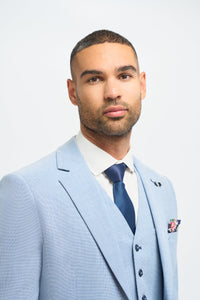 Мъжки костюм от 3 части, светлосин, летен ленен, вталена кройка, класически за сватба и бал