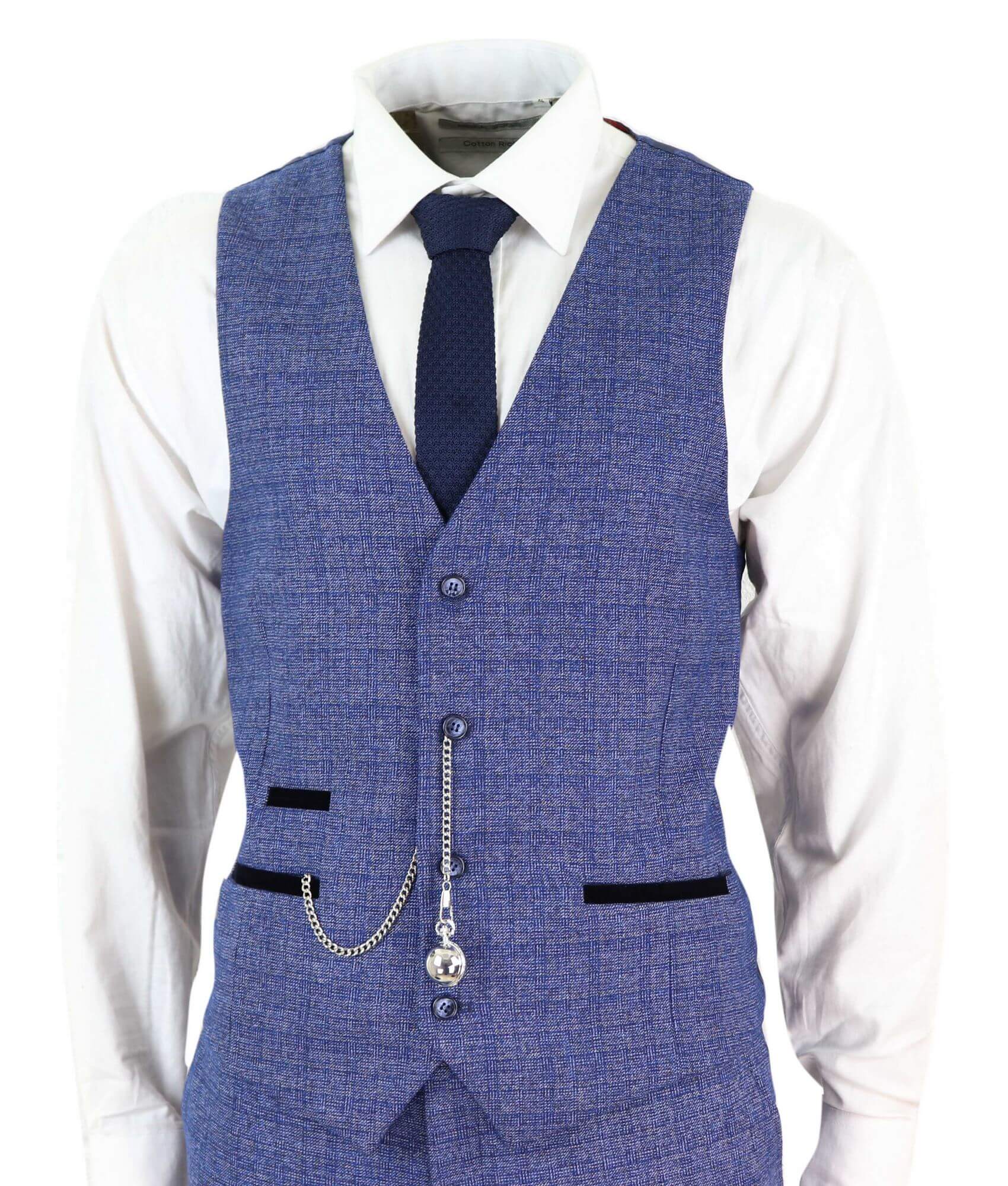 Mens Tweed Blue 3 Piece Check Suit Pocket Watch Tailored Fit Peaky Blinders