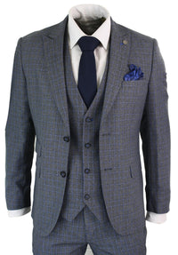 Paul Andrew Henry - Mens 3 Piece Tailored Fit Prince Of Wales Check Grey Blue Tweed Suit Vintage Retro