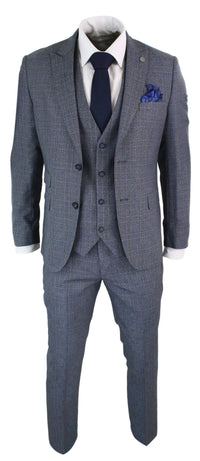 Paul Andrew Henry - Mens 3 Piece Tailored Fit Prince Of Wales Check Grey Blue Tweed Suit Vintage Retro