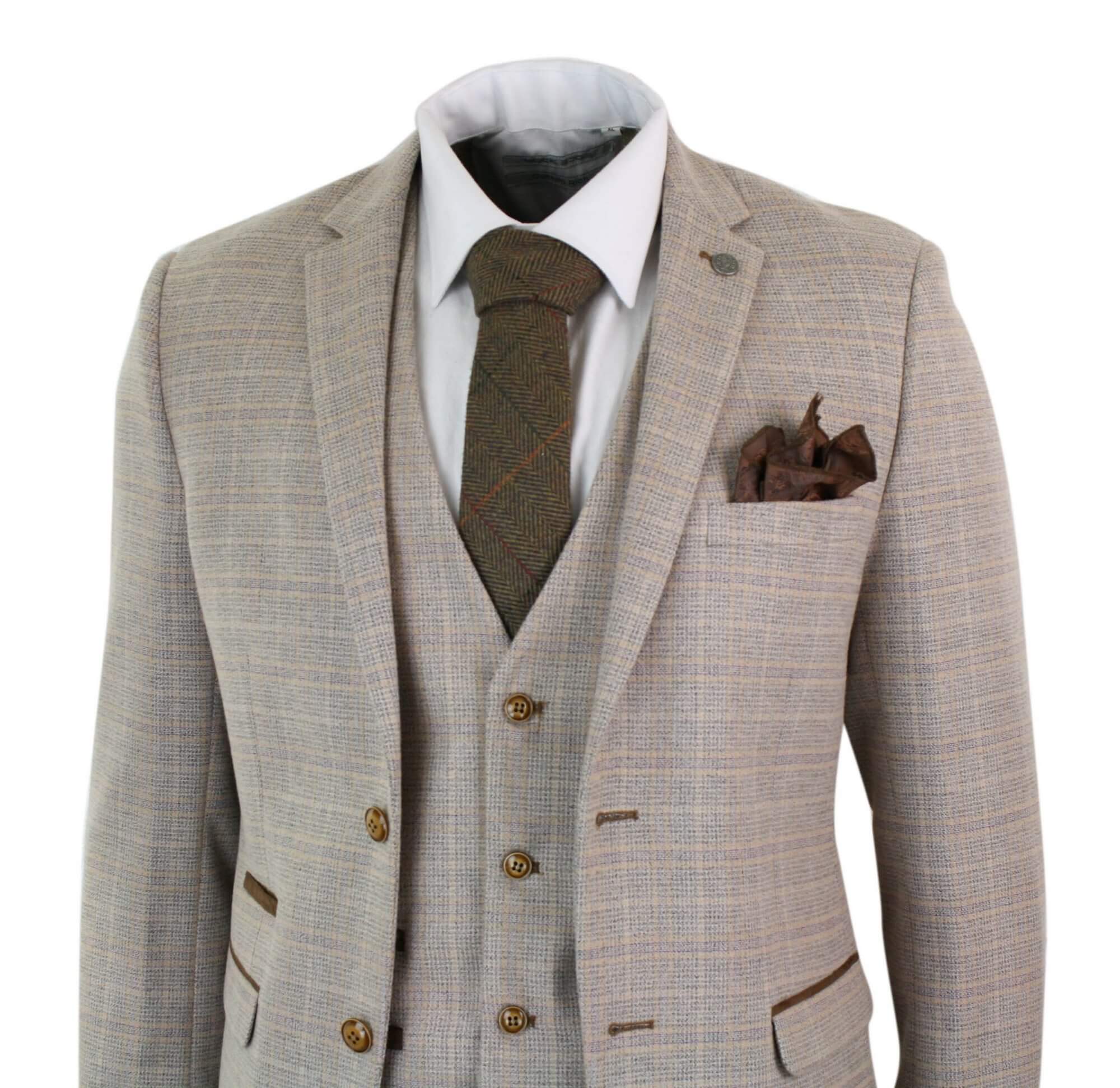 Paul Andrew Holland - Mens Check Tweed Beige Brown 3 Piece Suit Wedding Prom Vintage Retro Classic