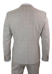 Paul Andrew Holland - Mens Check Tweed Beige Brown 3 Piece Suit Wedding Prom Vintage Retro Classic