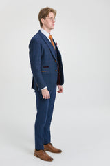 Мъжки костюм Scott от 3 части в син цвят, кариран от туид