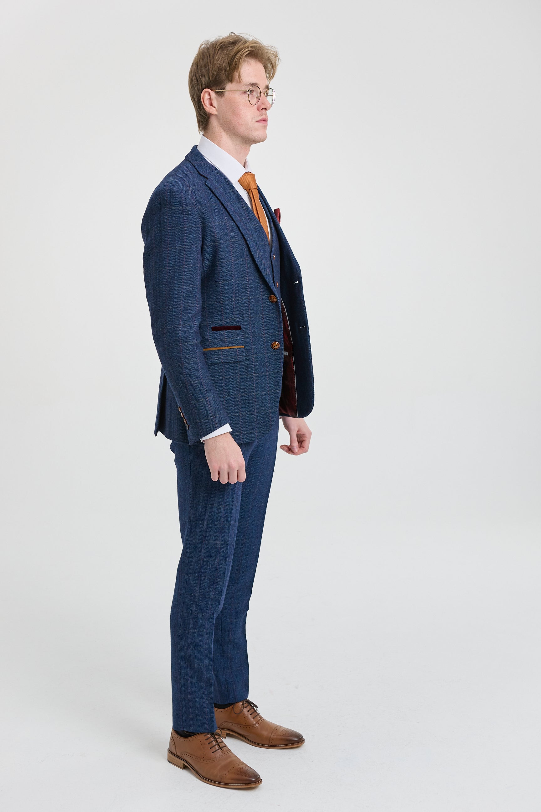 Мъжки костюм Scott от 3 части в син цвят, кариран от туид