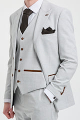 Мъжки костюм от 3 части от туид в сив цвят с кафяви кантове, Mark, за сватби и абитуриентски балове