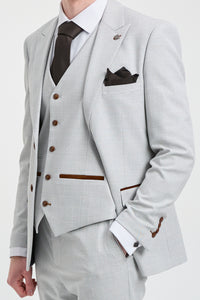 Мъжки костюм от 3 части от туид в сив цвят с кафяви кантове, Mark, за сватби и абитуриентски балове