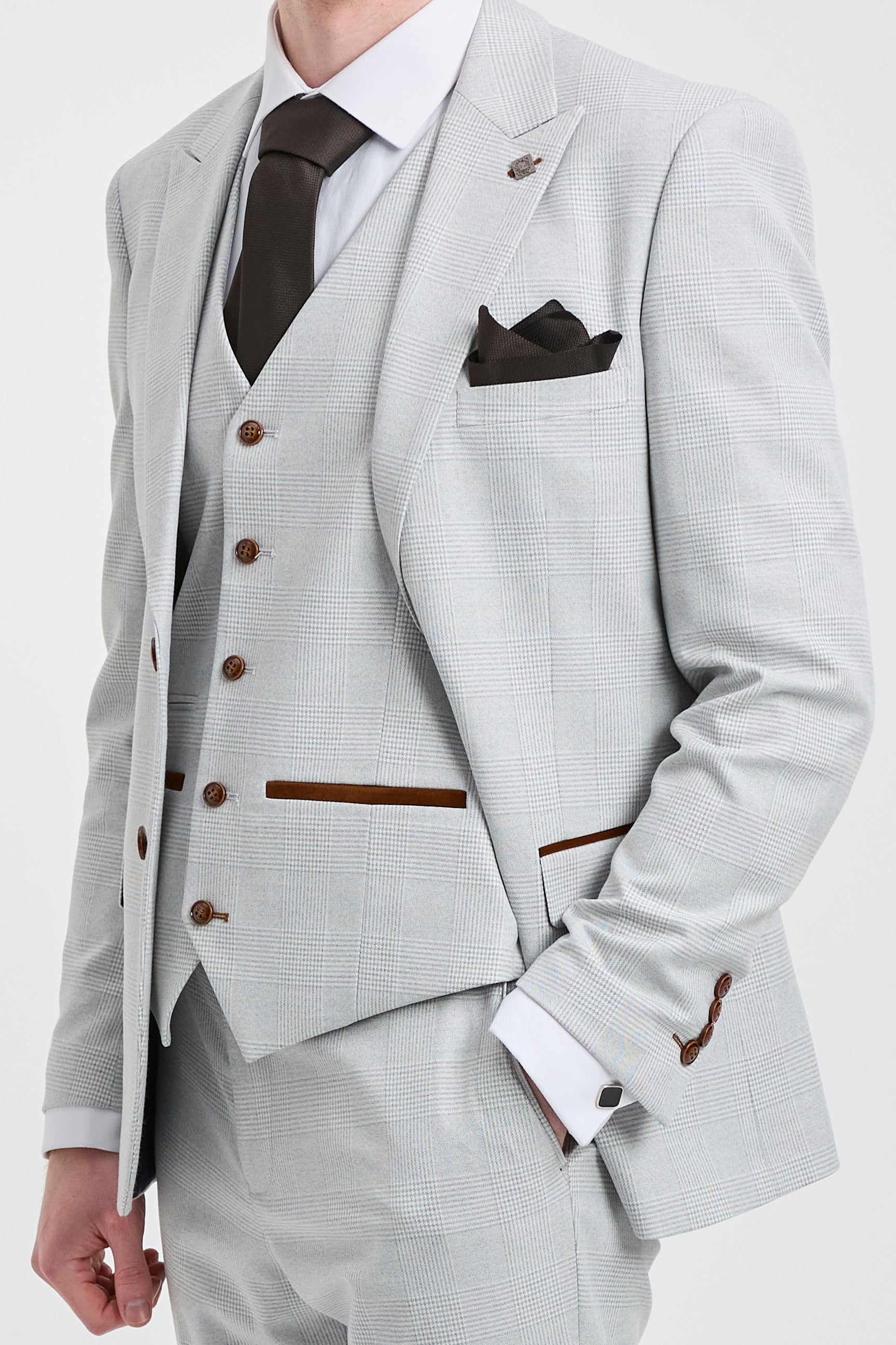 Мъжки костюм от 3 части от туид в сив цвят с кафяви кантове, Mark, за сватби и абитуриентски балове