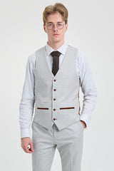 Мъжки костюм от 3 части от туид в сив цвят с кафяви кантове, Mark, за сватби и абитуриентски балове