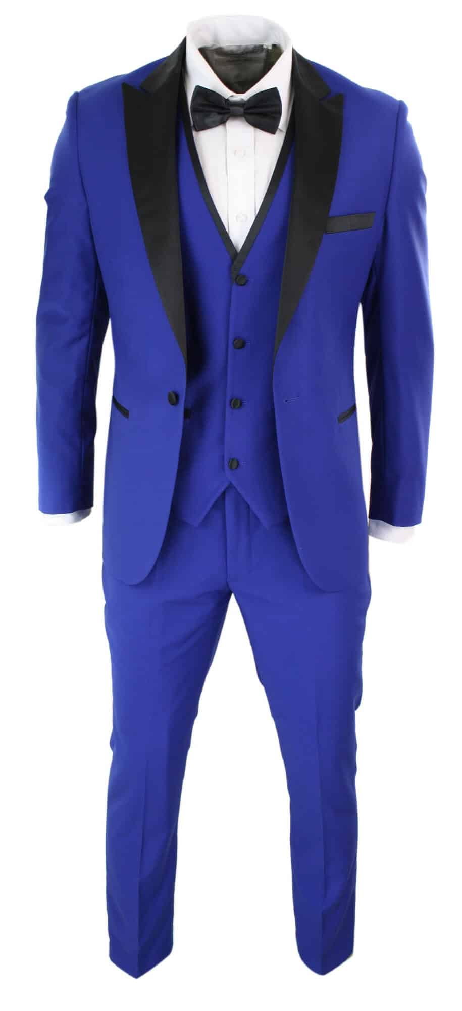 Paul Andrew Regent Blue - Mens 3 Piece Blue Black Satin Tuxedo Dinner Suit Tailored Fit Wedding Prom Groom