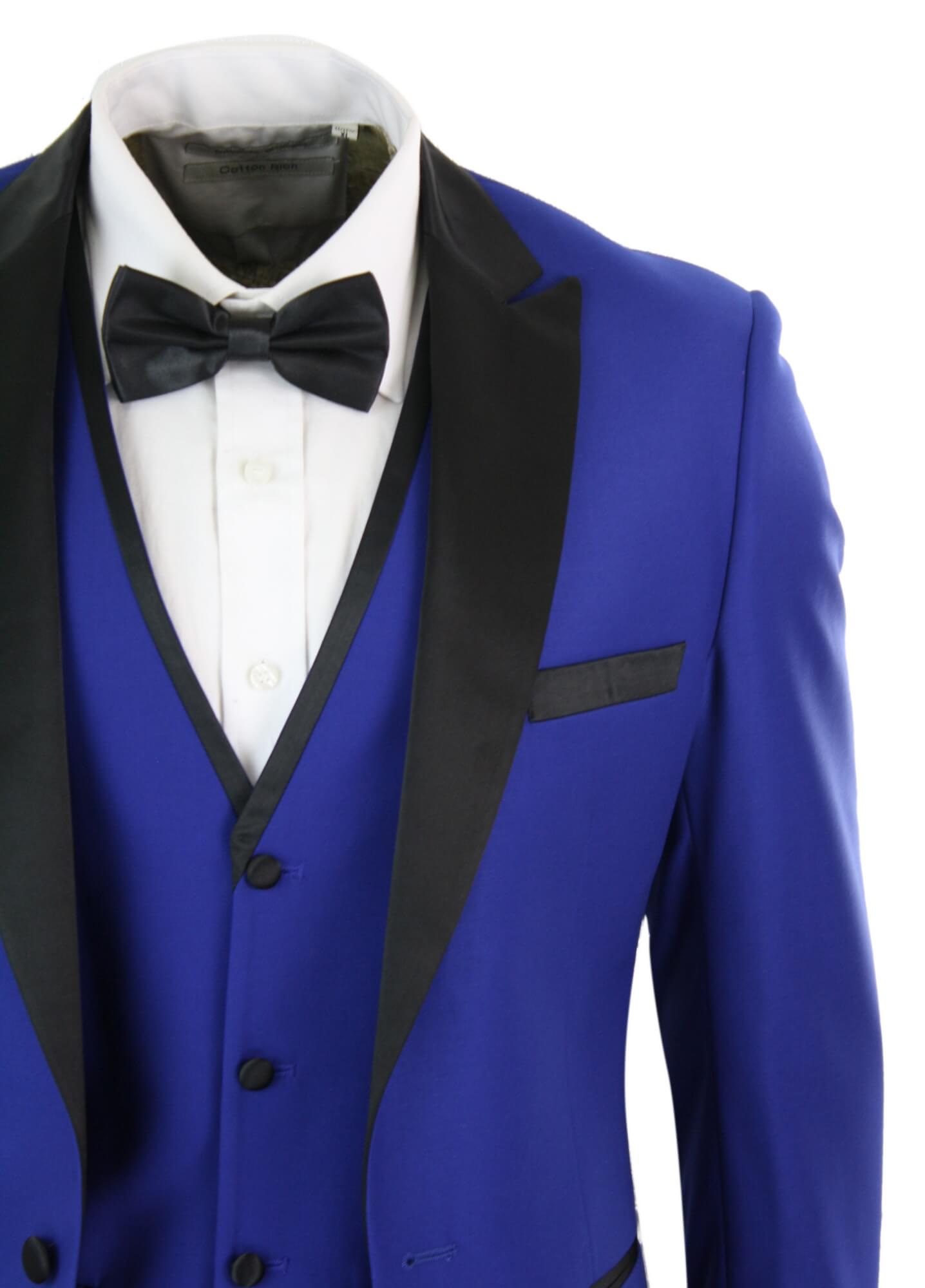 Paul Andrew Regent Blue - Mens 3 Piece Blue Black Satin Tuxedo Dinner Suit Tailored Fit Wedding Prom Groom