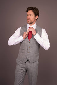 Мъжки сив класически кариран костюм с прилепнала кройка от 3 части