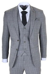 Gray checkered suit with a white shirt, black tie, and pocket square on a white background