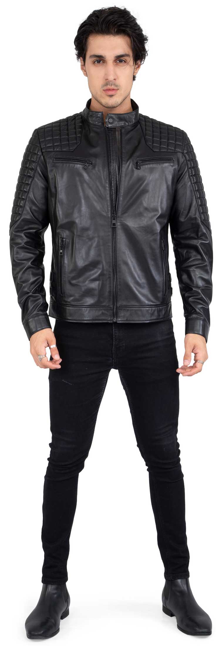 Real Lamb Leather Motorcycle Black Tailored Fit Jacket for Men Beckham - B205