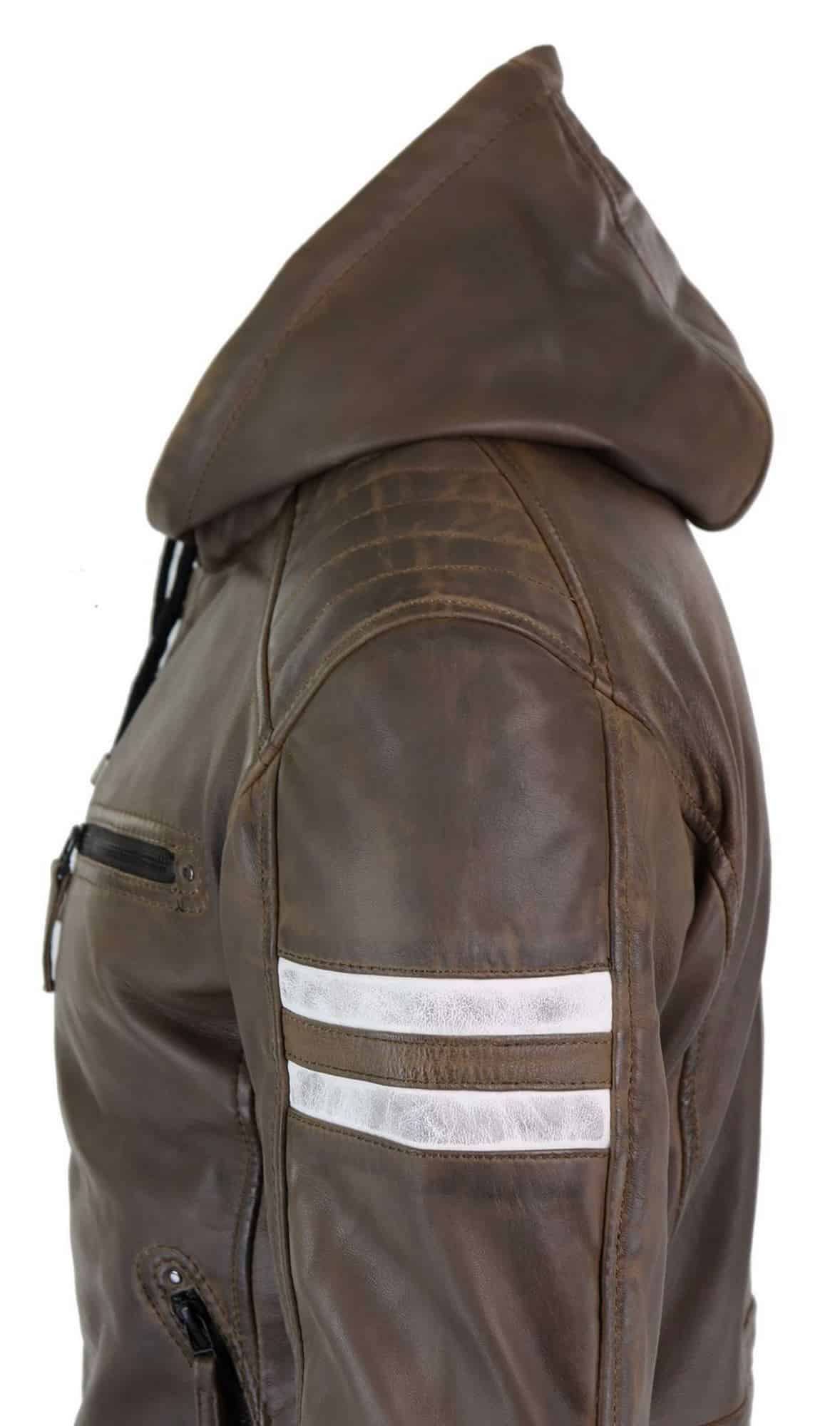 Men's Real Leather Bomber Jacket with Hood-Brown