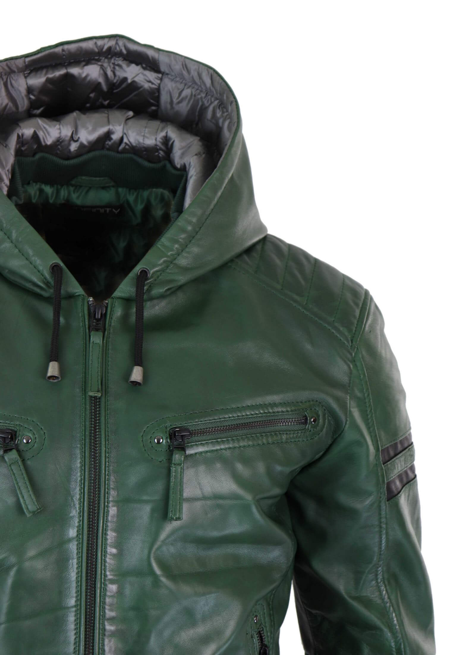 Men's Real Leather Bomber Jacket with Hood-Green