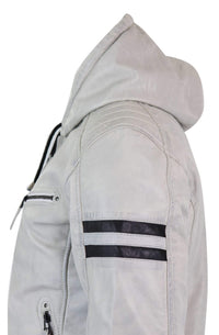 Men's Real Leather Bomber Jacket with Hood-White