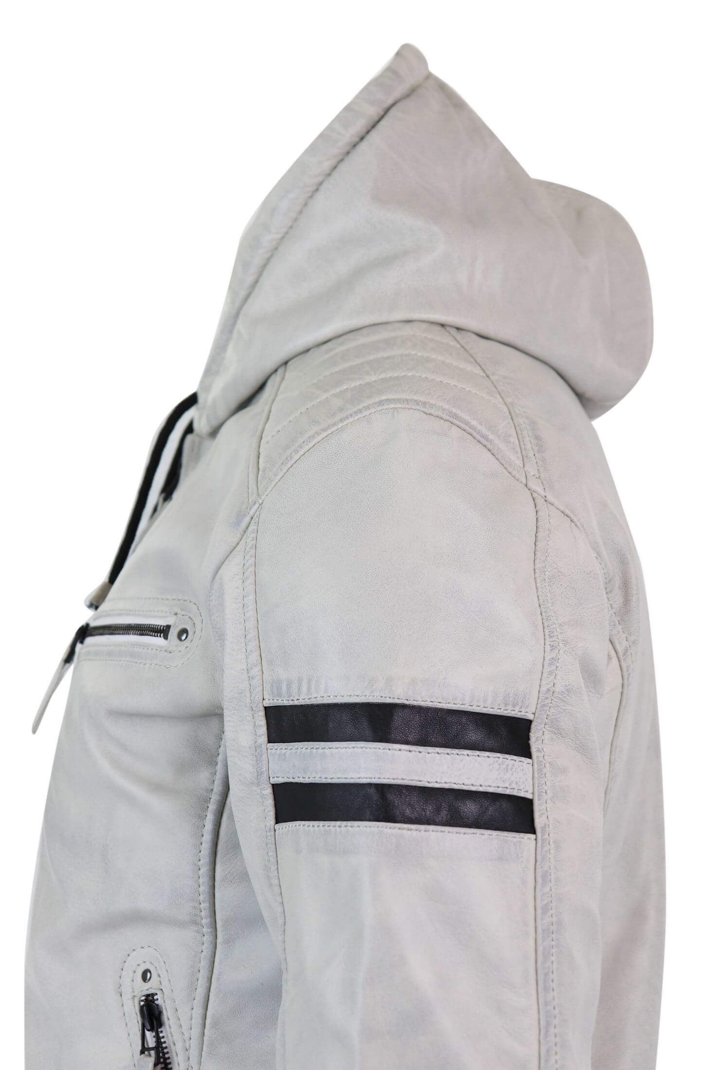 Men's Real Leather Bomber Jacket with Hood-White