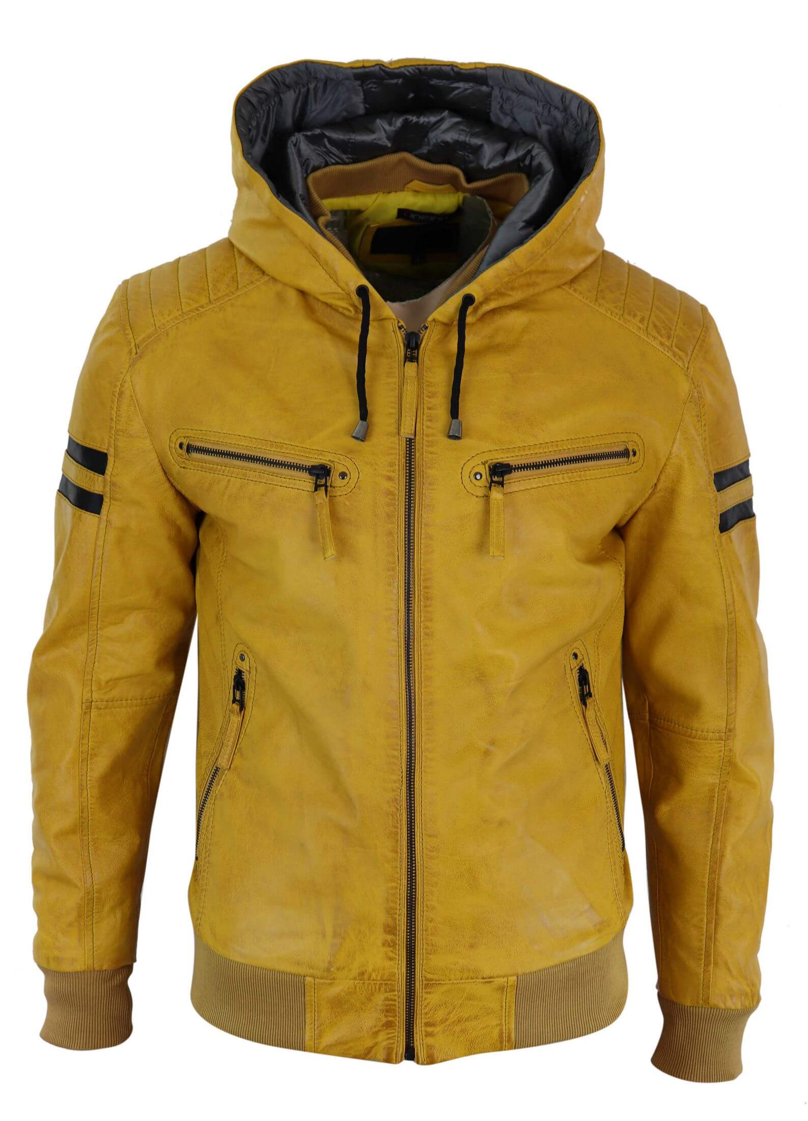 Men's Real Leather Bomber Jacket with Hood-Yellow