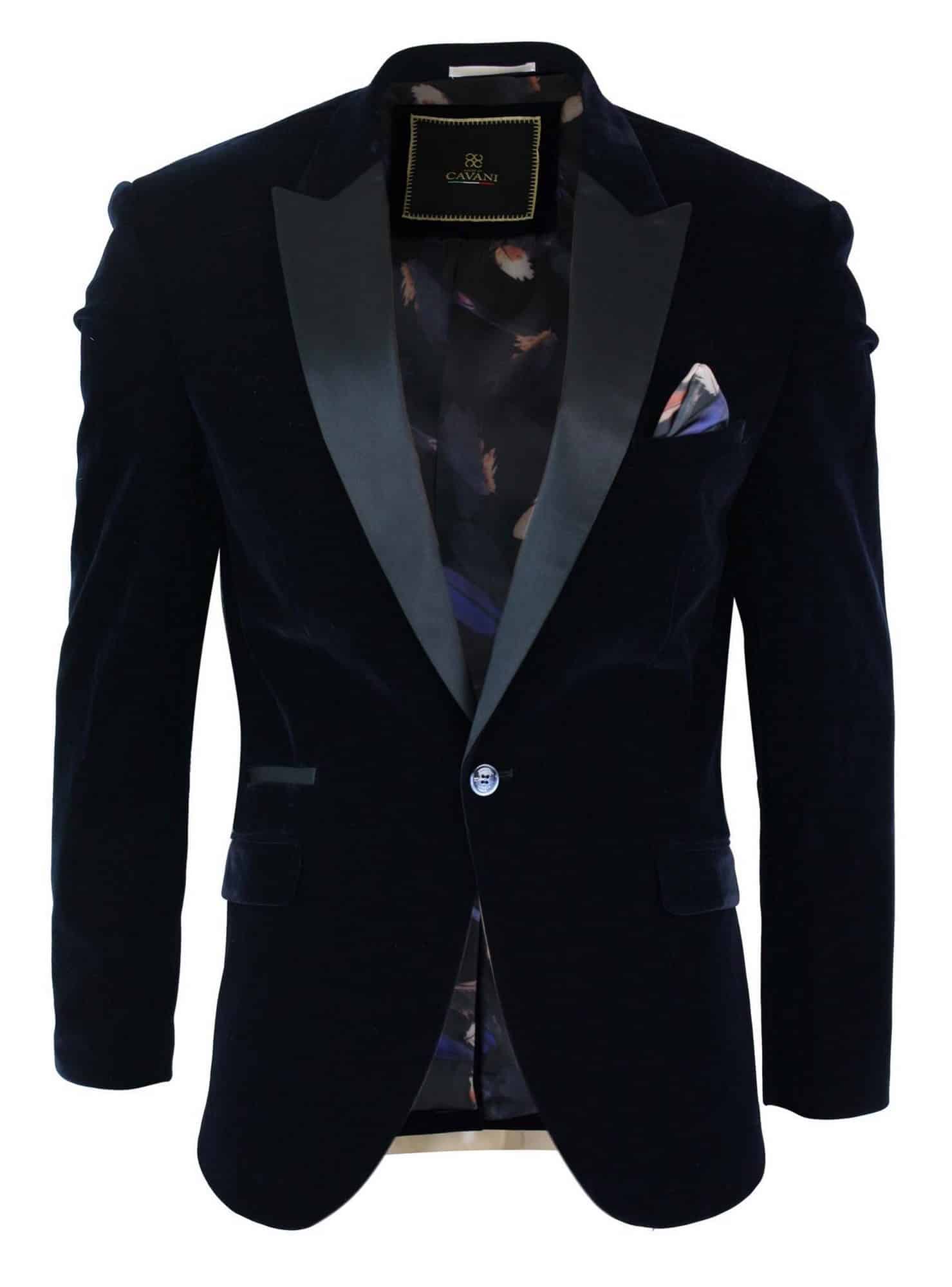 Cavani Rosa - Mens Soft Velvet Black Navy 1 Button Dinner Jacket Tuxedo Blazer Smart Casual Fit-Navy