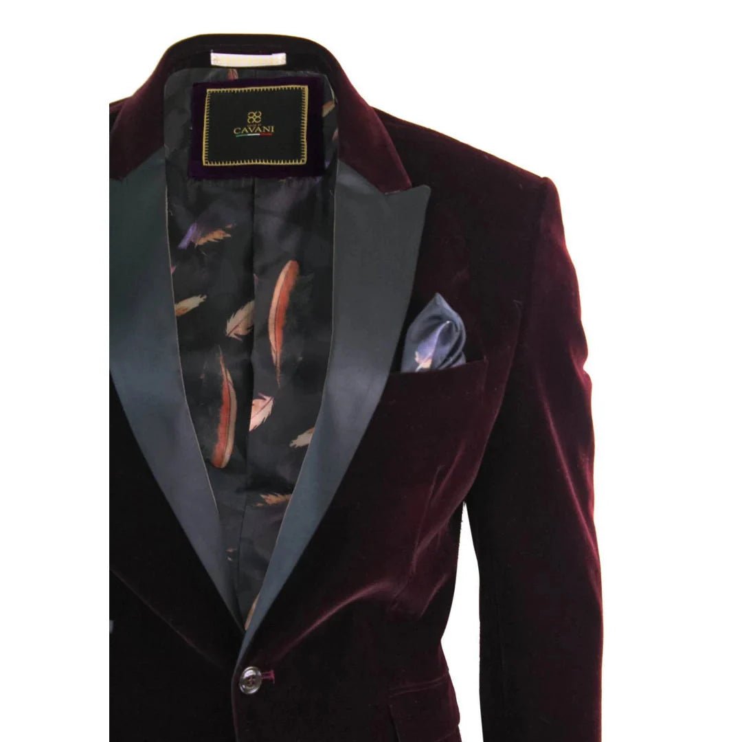 Rosa - Men's Soft Velvet Black Burgundy 1 Button Dinner Jacket Tuxedo Blazer Fit