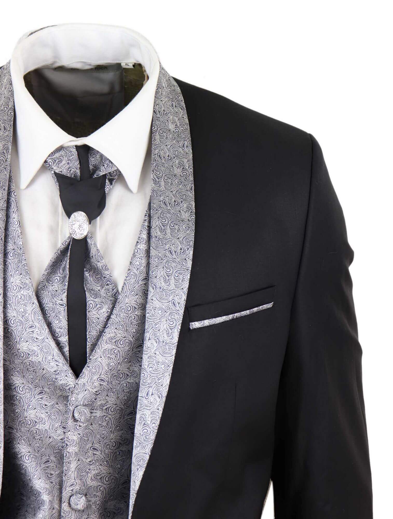 Mens 4 Piece Shawl Lapel Suit - Black/Silver