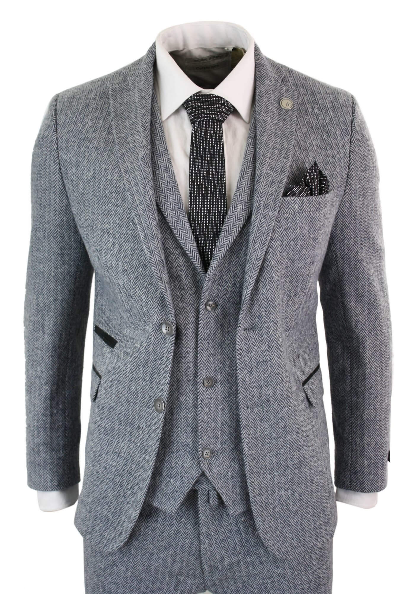 Men's Light Grey 3 Piece Tweed Herringbone Suit - STZ11