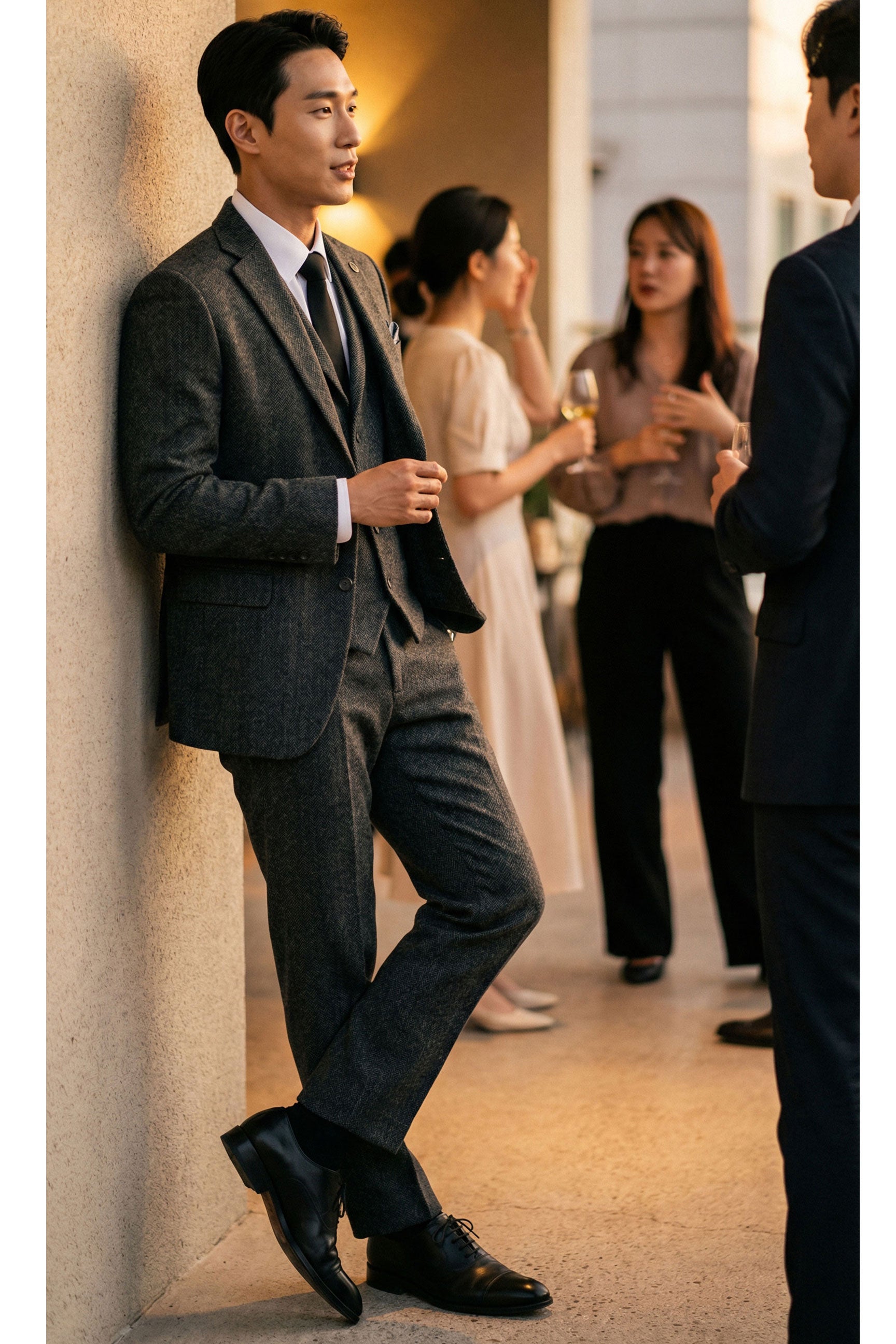 Мъжки костюм от 3 части от туид с рилена кост в тъмносив цвят - STZ11