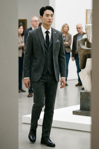 Мъжки костюм от 3 части от туид с рилена кост в тъмносив цвят - STZ11